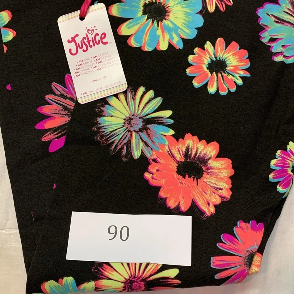 Justice Girls XL Neon Black Multi-Color Daisy Floral Full Length Leggings‎ NWT